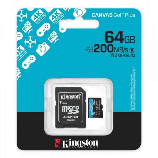 MEMORY MICRO SD KINGSTON 64GB CANVAS GO+ 200MB/s A2 U3 V30 +ADA
